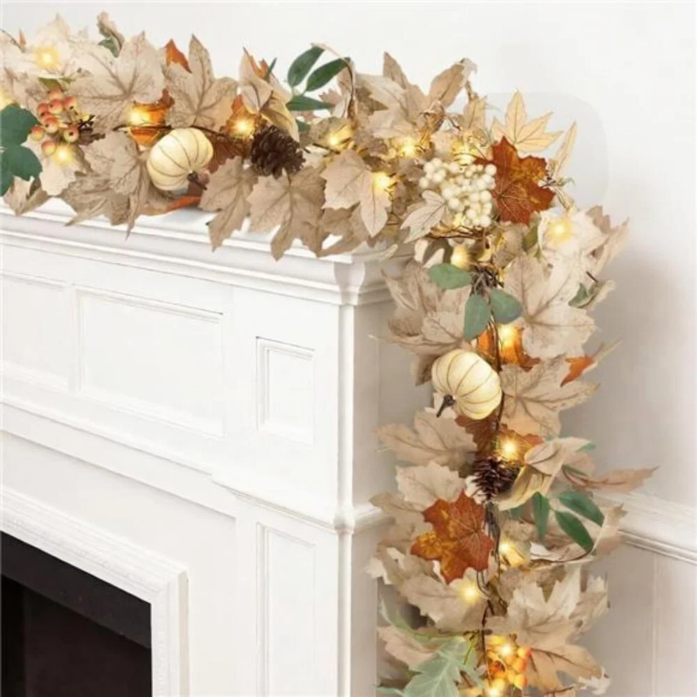 Fall Leaves Garland with Lights for Mantle Decor, 6 Ft Neutral Fall Ear Maple
